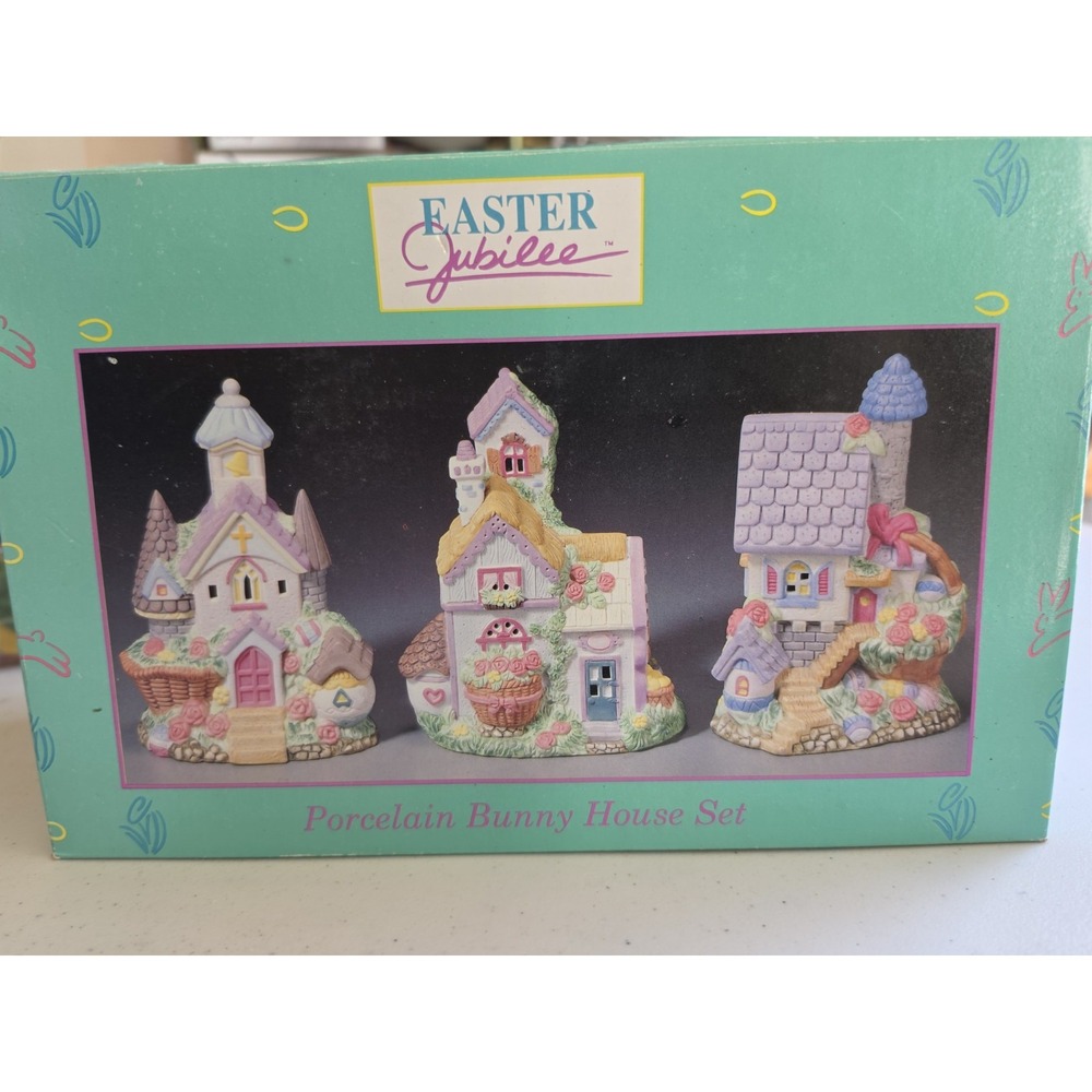 Easter Jubilee Porcelain Bunny House Set of 3 Pre-owned